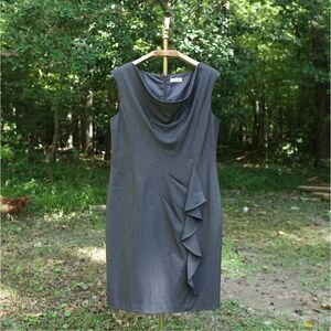 Calvin Klein Dark Grey Cowl Neck Ruffle Detail Pencil Dress